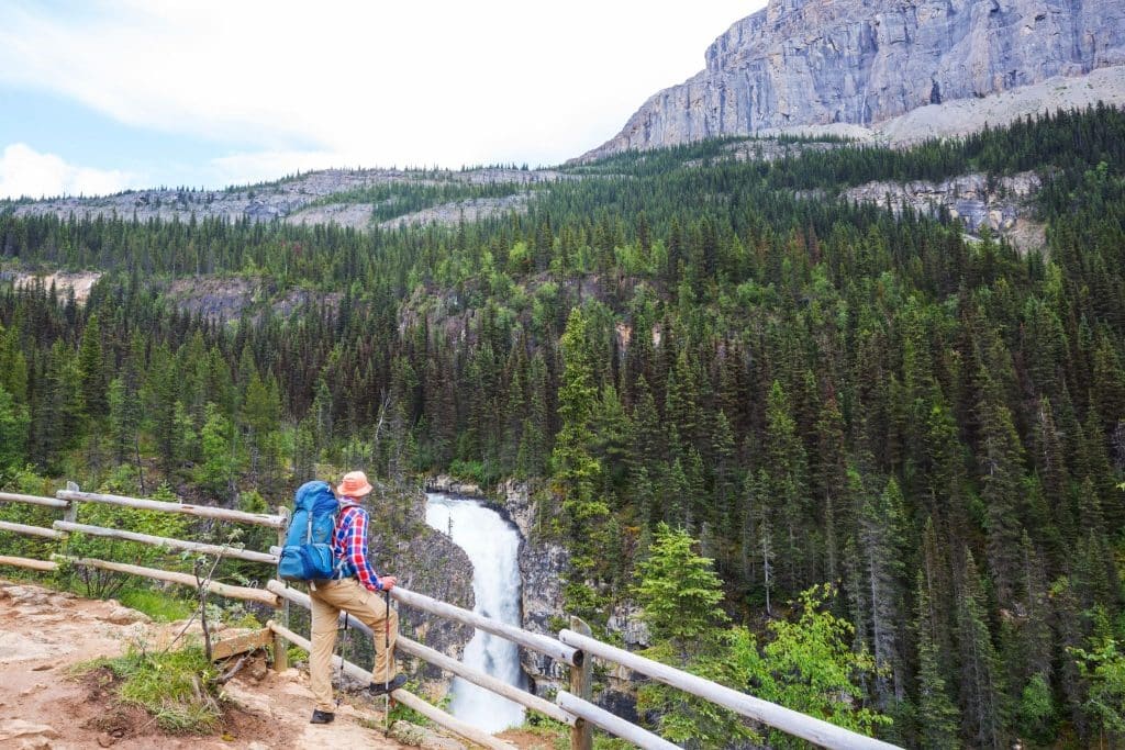 Mountain trail viewpoint overlooking a large forest waterfall.